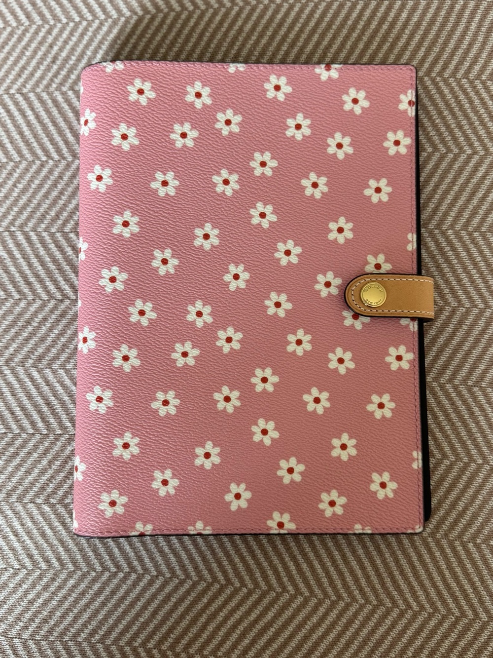 Coach Pink Floral Leather Notebook Cover with Tan Snap